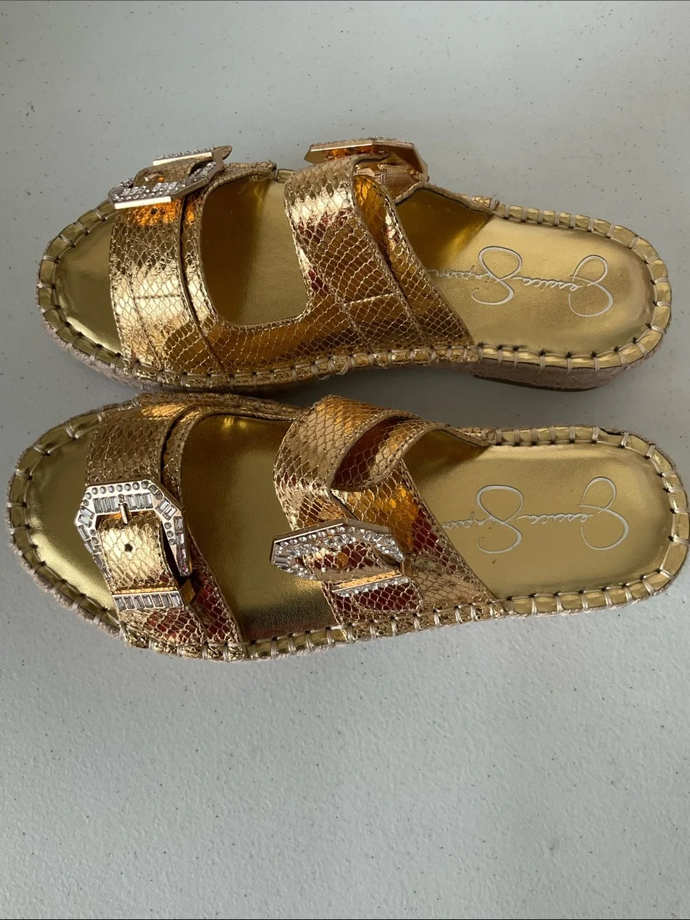 Jessica Simpson Chandria Metallic Silver Snakeskin Buckle Slide Sandals (NWOT)